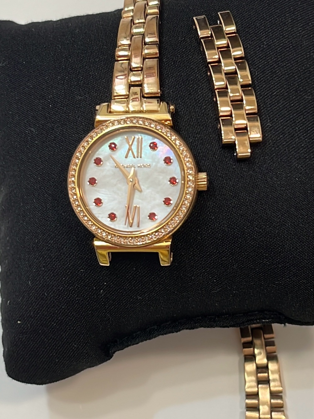 Michael Kors Rose Gold Watch with Mother-of-Pearl Dial and Red Accents Needs pin